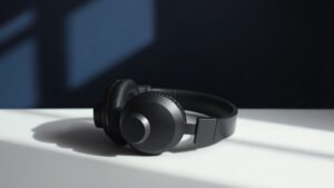 A single pair of premium over-ear headphones resting on a minimal white surface against a deep navy background. The headphones feature thick cushioned earcups and a padded headband suggesting exceptional comfort. Soft directional studio lighting falls from the left, casting gentle shadows that reveal texture and depth in the matte finish. Clean, professional, and elegantly composed.