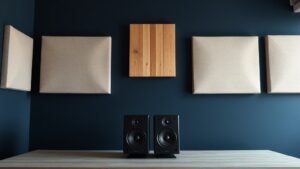 A modern home recording studio interior photographed from a low angle showing raw acoustic foam panels and wooden diffuser panels mounted on a deep navy painted wall behind a pair of studio monitor speakers on a treated desk surface. Soft directional side lighting reveals surface texture. Clean minimal background. Photorealistic 16 to 9 format. No people.