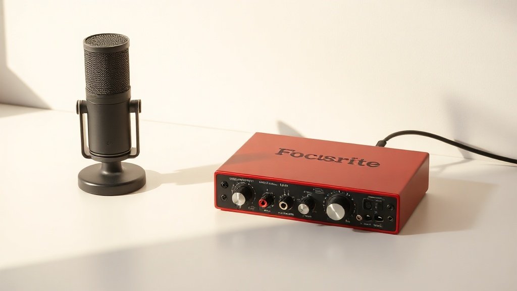 A Focusrite Scarlett Solo audio interface photographed on a clean off-white surface with a condenser microphone placed beside it, soft side lighting casting a gentle shadow, minimal studio aesthetic, photorealistic, 16:9 horizontal composition, no people, no text, no watermarks.