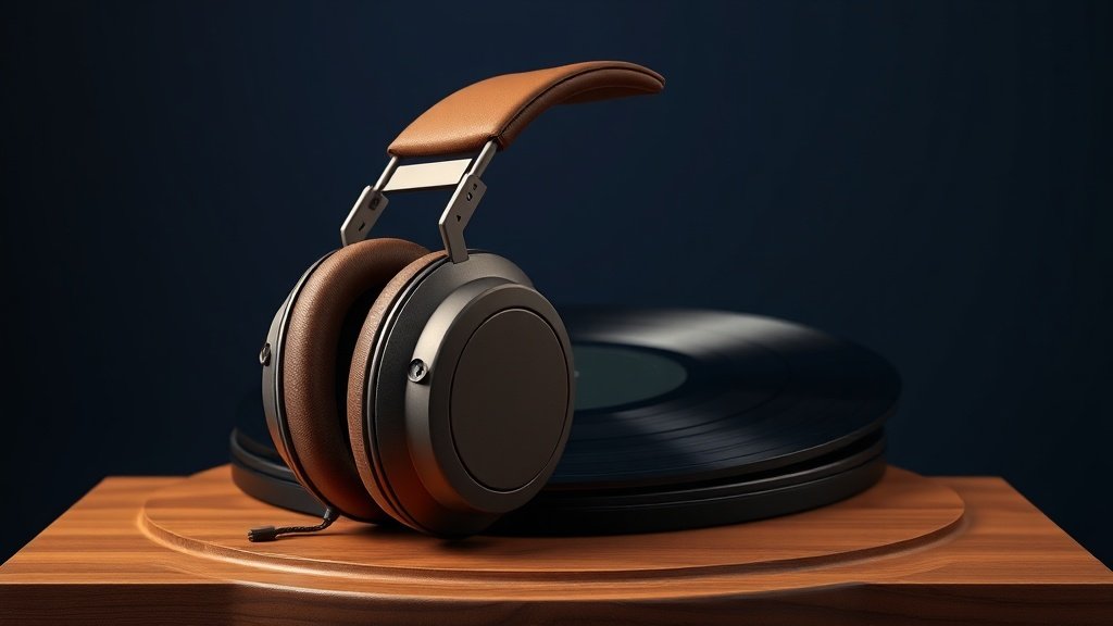 A pair of large over-ear open-back headphones resting on a wooden plinth beside a vinyl record, shot against a deep navy background with soft warm side lighting. The leather earcups and metal headband are rendered in sharp detail. No text, no hands, no people. Photorealistic product photography, 16:9 horizontal frame.