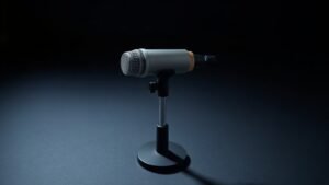 A single large-diaphragm condenser microphone mounted on a sleek black desktop stand, positioned at a slight angle against a deep navy studio background. Soft diffused side lighting catches the polished metallic body and fine mesh grille, creating subtle highlights and gentle shadows. The scene feels refined and professional, with a clean minimal composition and smooth gradient shadow beneath the base.