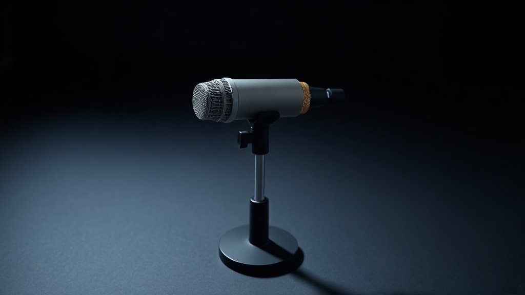 A single large-diaphragm condenser microphone mounted on a sleek black desktop stand, positioned at a slight angle against a deep navy studio background. Soft diffused side lighting catches the polished metallic body and fine mesh grille, creating subtle highlights and gentle shadows. The scene feels refined and professional, with a clean minimal composition and smooth gradient shadow beneath the base.