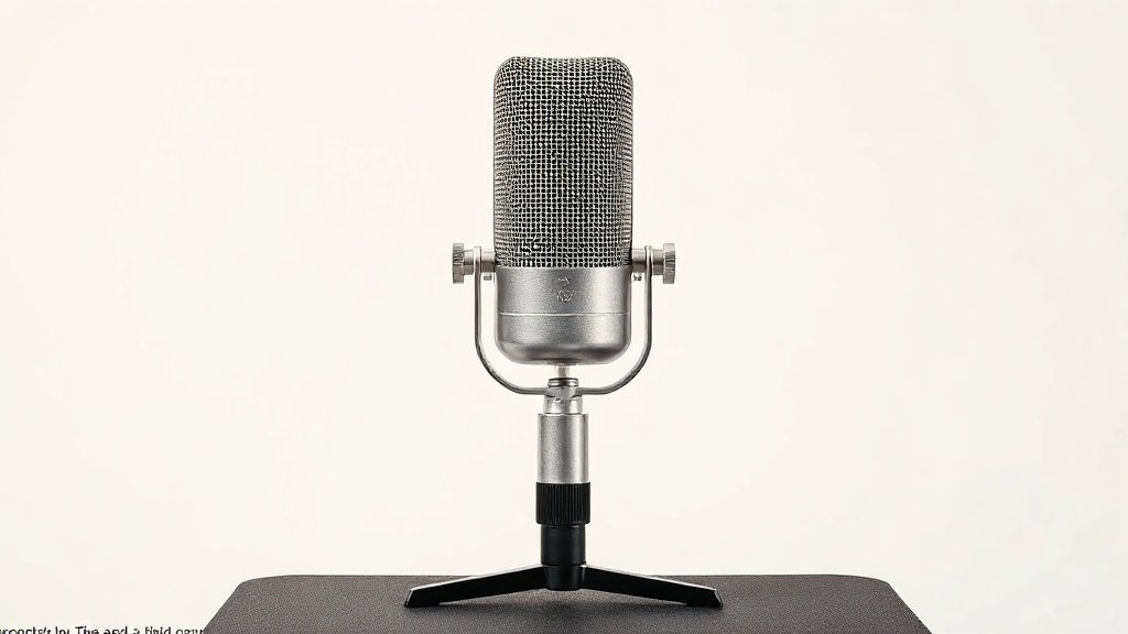 A single professional condenser microphone stands upright on a sleek black desktop stand against a clean off-white studio background. Soft side lighting catches the metallic mesh grille and polished chrome body, casting a gentle shadow that adds depth. The microphone is centered with generous negative space, giving the composition a refined, editorial quality suited to a premium audio publication.
