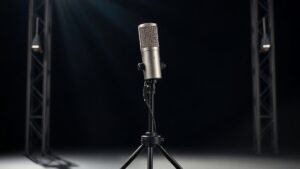 A single professional condenser microphone on a sturdy stand placed in a dark atmospheric venue, photographed against a deep navy background with soft directional side lighting illuminating the metallic body and mesh capsule housing. Photorealistic modern product photography style, 16 by 9 horizontal frame, no people, no text, no watermarks.
