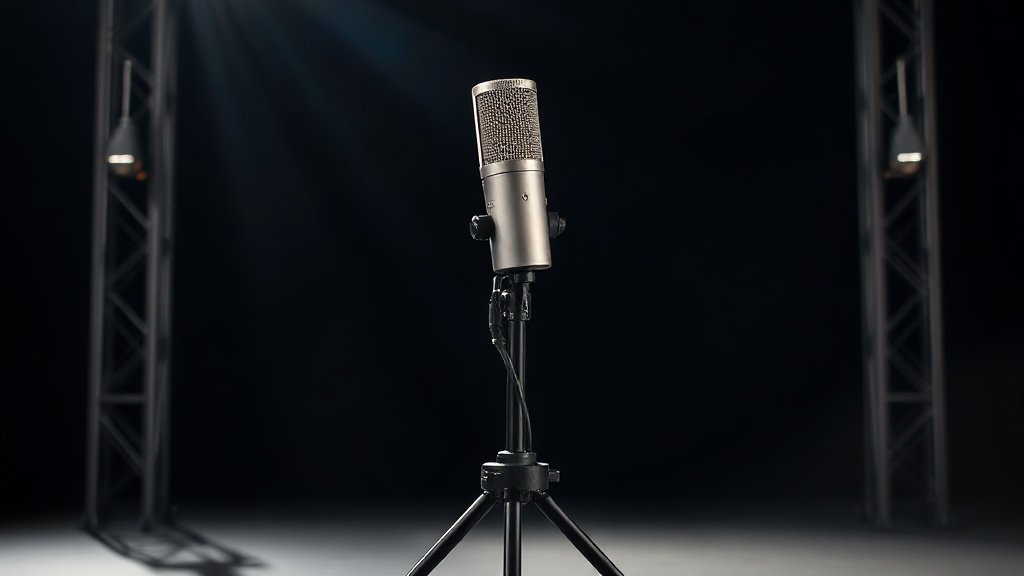 A single professional condenser microphone on a sturdy stand placed in a dark atmospheric venue, photographed against a deep navy background with soft directional side lighting illuminating the metallic body and mesh capsule housing. Photorealistic modern product photography style, 16 by 9 horizontal frame, no people, no text, no watermarks.