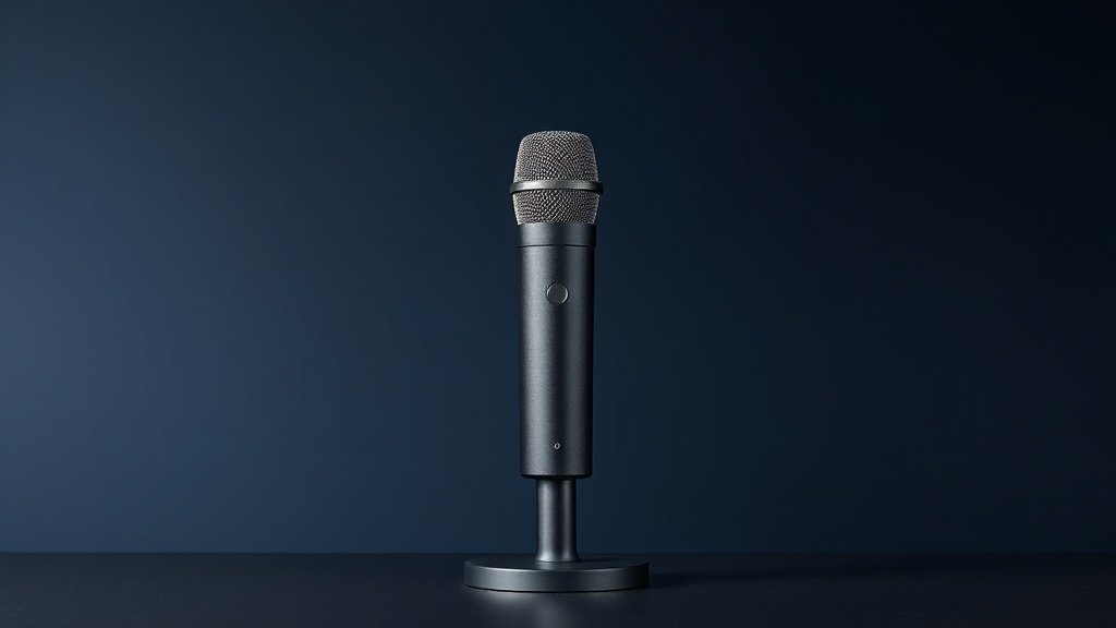 A single dynamic vocal microphone standing upright on a sleek matte black microphone stand against a deep navy studio background. Soft diffused side lighting catches the metallic mesh grille and the smooth cylindrical body, casting a gentle shadow to one side. The surface textures are crisp and detailed, giving the scene a clean, professional product photography feel.