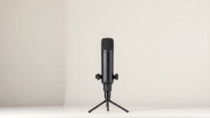 A single sleek USB condenser microphone stands upright on a minimal desktop microphone stand, its matte black cylindrical body catching soft diffused side lighting from the left. The clean off-white studio background fades gently into shadow behind the subject. The microphone is centered in the frame with generous negative space on either side, giving the composition an editorial, premium feel. Sharp foreground detail softens toward the edges.