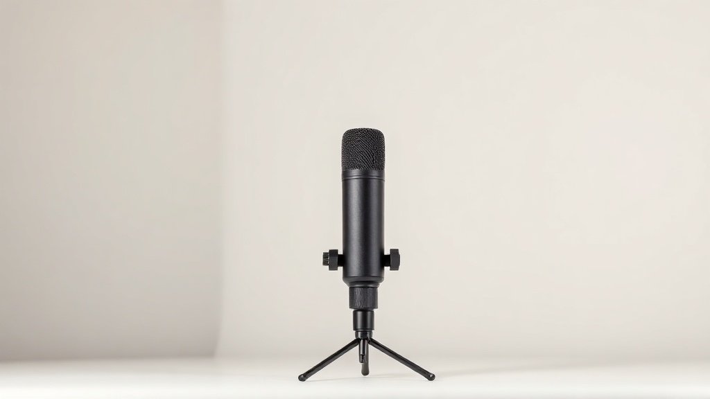 A single sleek USB condenser microphone stands upright on a minimal desktop microphone stand, its matte black cylindrical body catching soft diffused side lighting from the left. The clean off-white studio background fades gently into shadow behind the subject. The microphone is centered in the frame with generous negative space on either side, giving the composition an editorial, premium feel. Sharp foreground detail softens toward the edges.