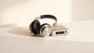A pair of premium over-ear headphones resting beside a compact desktop DAC unit on a clean off-white surface. Soft directional side lighting highlights brushed aluminium and matte finishes. Minimalist studio composition. No people. No text. Photorealistic product photography. 16 by 9 horizontal frame.