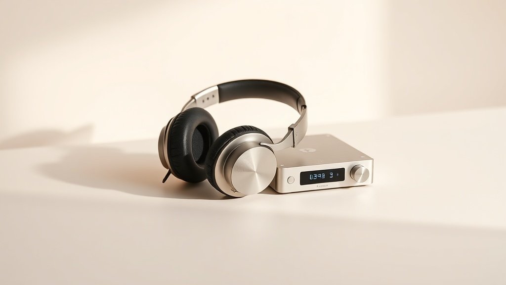 A pair of premium over-ear headphones resting beside a compact desktop DAC unit on a clean off-white surface. Soft directional side lighting highlights brushed aluminium and matte finishes. Minimalist studio composition. No people. No text. Photorealistic product photography. 16 by 9 horizontal frame.