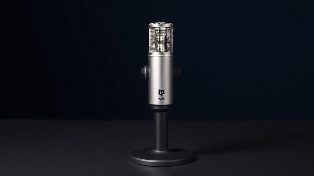 A single professional XLR microphone stands upright on a sleek black desk stand, positioned slightly off-center against a deep navy background. Soft side lighting from the left catches the brushed metal body, highlighting its cylindrical form and mesh grille with subtle metallic sheen. The composition is clean and minimal, with a gentle shadow falling behind the microphone on the smooth studio surface.