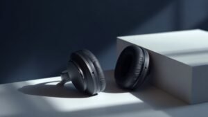 A single pair of sleek over-ear headphones resting on a minimal white surface against a deep navy background. Soft diffused side lighting catches the smooth matte curves of the earcups and the polished metal headband adjustment sliders. The cushioned ear pads show subtle texture detail. Shadows fall gently to one side, giving the composition quiet depth and a premium editorial feel.