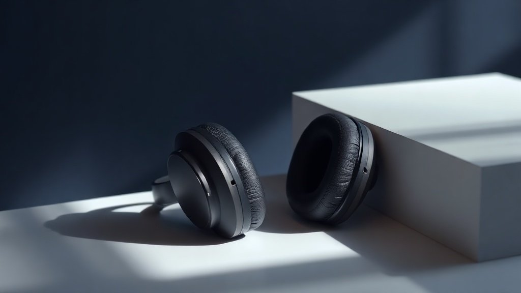 A single pair of sleek over-ear headphones resting on a minimal white surface against a deep navy background. Soft diffused side lighting catches the smooth matte curves of the earcups and the polished metal headband adjustment sliders. The cushioned ear pads show subtle texture detail. Shadows fall gently to one side, giving the composition quiet depth and a premium editorial feel.