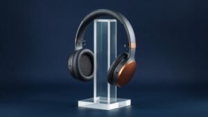A single pair of open-back over-ear headphones resting upright on a minimal white acrylic stand against a deep navy studio background. The open mesh ear cups reveal their intricate internal driver structure. Soft diffused side lighting casts gentle shadows across the headband and ear cushions, highlighting the fine metallic grille work and premium build quality. Clean, sharp, photorealistic studio composition.