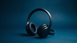 A single pair of modern over-ear headphones resting on a smooth matte surface against a deep navy studio background. Soft directional side lighting catches the subtle sheen of the headband and cushioned ear cups, creating gentle shadows that add depth and dimension. The headphones are angled slightly for visual interest, presented in a clean minimal composition with no clutter surrounding them.