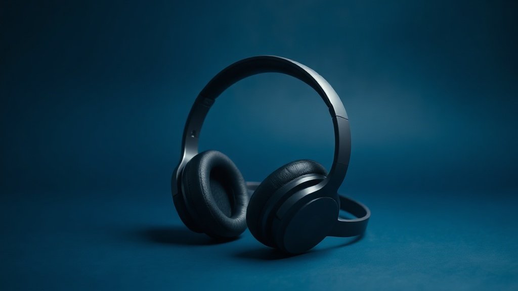 A single pair of modern over-ear headphones resting on a smooth matte surface against a deep navy studio background. Soft directional side lighting catches the subtle sheen of the headband and cushioned ear cups, creating gentle shadows that add depth and dimension. The headphones are angled slightly for visual interest, presented in a clean minimal composition with no clutter surrounding them.