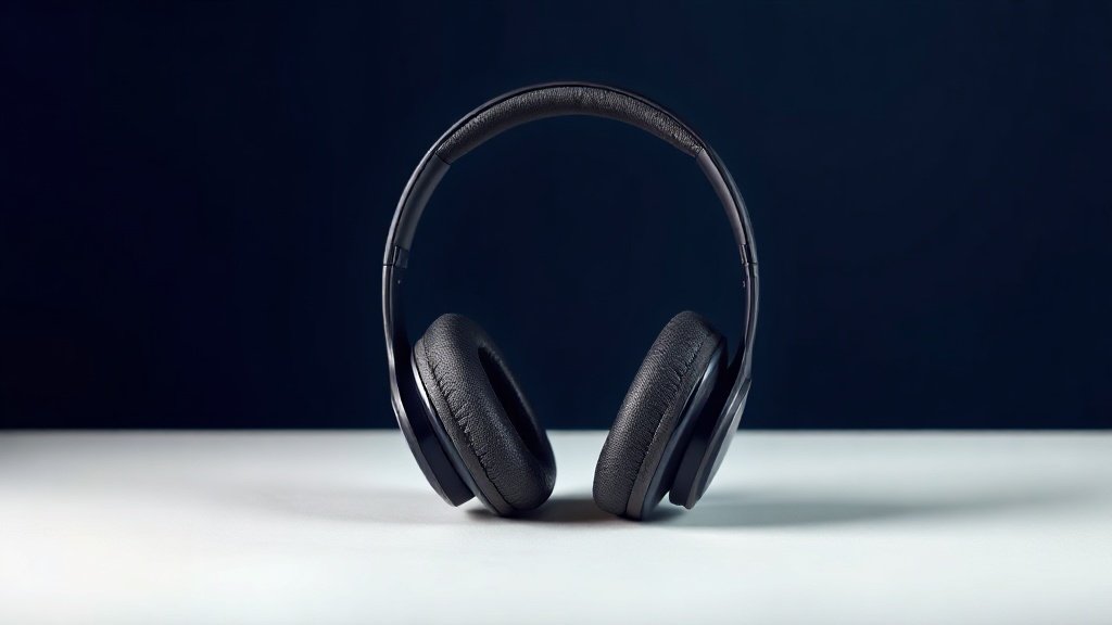 A single pair of premium over-ear headphones resting upright on a minimal white surface against a deep navy background. Soft diffused side lighting catches the smooth matte and polished surfaces, highlighting the cushioned ear cups and sleek headband arc. The composition is clean and centered with gentle shadows grounding the product. Studio quality, photorealistic, sophisticated and modern.