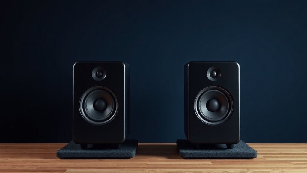 A pair of studio monitor speakers sitting symmetrically on isolation pads on a clean wooden desk, shot against a deep navy background with soft side lighting from the left. The monitors are black with a single front-facing tweeter and woofer visible. Photorealistic, 16:9 horizontal, no people, no text, no watermarks.
