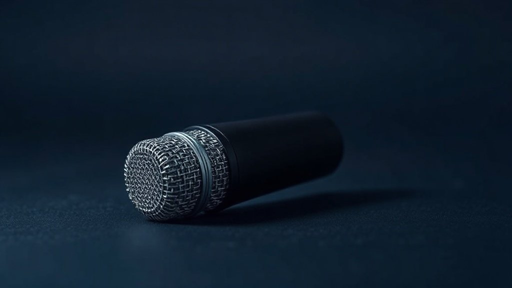 A single sleek compact microphone designed for mobile use rests on a minimalist studio surface against a deep navy background. Soft directional side lighting catches the metallic mesh grille and matte black body, casting a subtle gradient shadow. The clean composition emphasizes the microphones modern contours and polished finish, evoking professional audio quality in a stripped-back, elegantly styled product photograph.