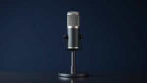 A single professional dynamic microphone stands upright on a sleek black desktop mic stand, centered against a deep navy studio backdrop. Soft side lighting casts gentle shadows across the cylindrical metal body, highlighting its mesh grille and matte finish. The composition is clean and minimal, with subtle surface reflections adding depth and dimension to the scene.