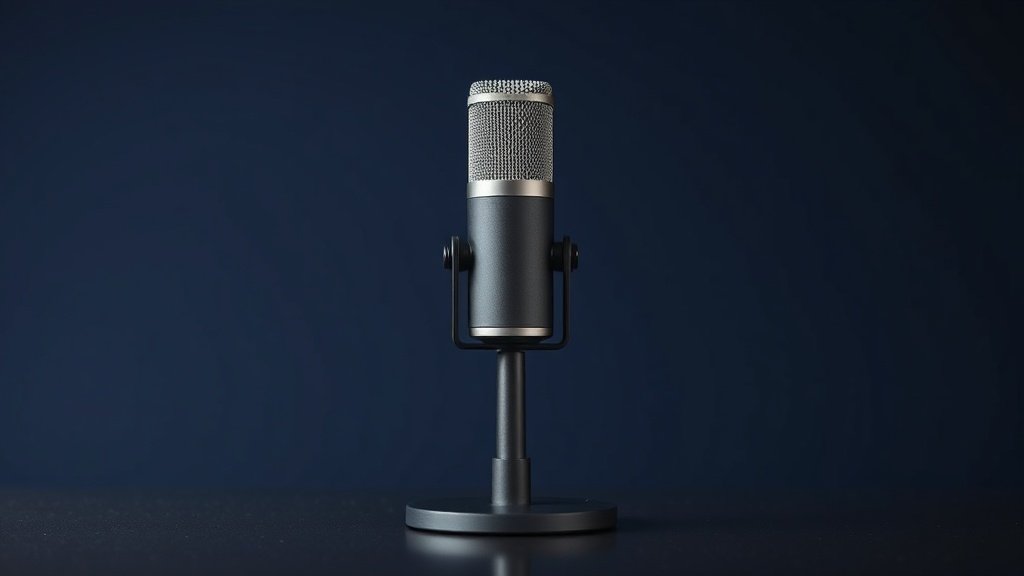 A single professional dynamic microphone stands upright on a sleek black desktop mic stand, centered against a deep navy studio backdrop. Soft side lighting casts gentle shadows across the cylindrical metal body, highlighting its mesh grille and matte finish. The composition is clean and minimal, with subtle surface reflections adding depth and dimension to the scene.