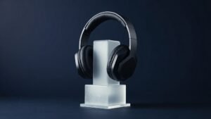 A single pair of sleek over-ear gaming headphones resting upright on a minimal white acrylic stand against a deep navy studio background. The headphones feature angular matte black earcups with subtle geometric detailing and a padded headband. Soft diffused side lighting casts gentle shadows across the surface, highlighting the premium build quality and clean modern design. Photorealistic studio product shot, 16 by 9 horizontal format.