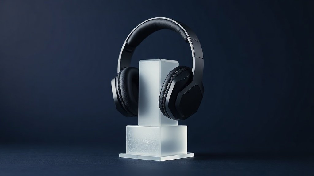 A single pair of sleek over-ear gaming headphones resting upright on a minimal white acrylic stand against a deep navy studio background. The headphones feature angular matte black earcups with subtle geometric detailing and a padded headband. Soft diffused side lighting casts gentle shadows across the surface, highlighting the premium build quality and clean modern design. Photorealistic studio product shot, 16 by 9 horizontal format.