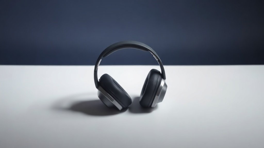 A single pair of sleek over-ear headphones resting on a minimal white surface against a deep navy background. Soft directional studio lighting from the left casts gentle shadows that define the cushioned ear cups and polished headband arc. The headphones face slightly to the right, showcasing their clean sculptural form with a premium matte and metallic finish. No clutter, no props.