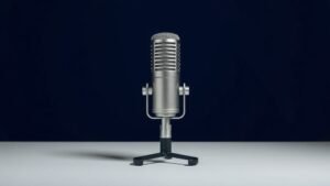 A single dynamic microphone with a classic cylindrical body and metal grille rests on a low-profile microphone stand, angled slightly forward against a deep navy studio background. Soft side lighting catches the brushed metal finish, casting a gentle shadow across the clean surface beneath. The composition is minimal and sharp, emphasizing the sleek industrial form of the microphone in crisp photorealistic detail.
