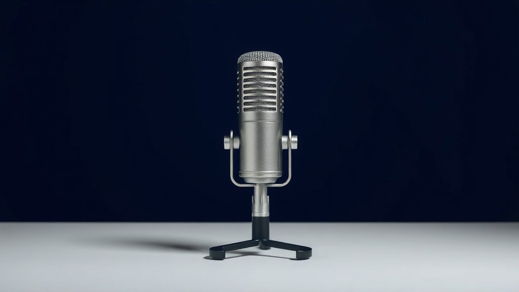A single dynamic microphone with a classic cylindrical body and metal grille rests on a low-profile microphone stand, angled slightly forward against a deep navy studio background. Soft side lighting catches the brushed metal finish, casting a gentle shadow across the clean surface beneath. The composition is minimal and sharp, emphasizing the sleek industrial form of the microphone in crisp photorealistic detail.
