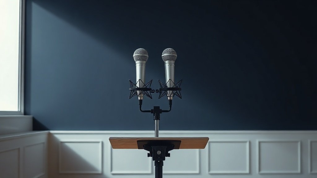 A pair of matched large diaphragm condenser microphones mounted on a stereo bar above a music stand in a clean minimal room, soft side lighting from the left, deep navy background, photorealistic product photography, 16 by 9 horizontal format, no people, no text, no watermarks
