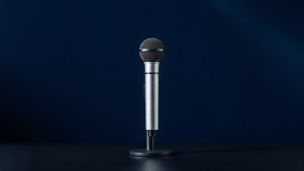 A single sleek USB condenser microphone stands upright on a minimal desktop stand against a deep navy background. Soft directional studio lighting falls from the left, casting a gentle shadow and highlighting the microphones metallic body and fine mesh grille. The surface beneath is clean matte black. Crisp sharp focus, photorealistic product photography, 16 by 9 composition.