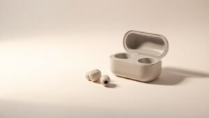 A single pair of compact in-ear earbuds with small ergonomic housings rests on a smooth off-white studio surface, angled slightly to show their lightweight sculptural form. The charging case sits open beside them, its interior clean and minimal. Soft directional side lighting casts gentle shadows, highlighting the smooth matte finish of the earbuds. The background fades to a soft gradient of pale neutral tones.
