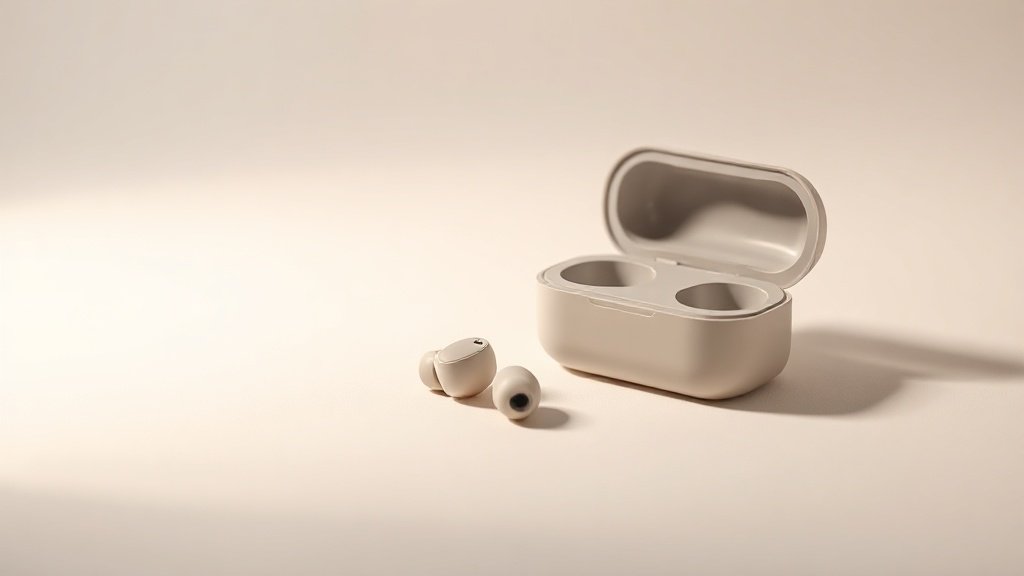 A single pair of compact in-ear earbuds with small ergonomic housings rests on a smooth off-white studio surface, angled slightly to show their lightweight sculptural form. The charging case sits open beside them, its interior clean and minimal. Soft directional side lighting casts gentle shadows, highlighting the smooth matte finish of the earbuds. The background fades to a soft gradient of pale neutral tones.