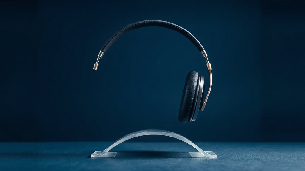 A single pair of premium over-ear audiophile headphones resting on a minimalist curved acrylic stand, shot against a deep navy studio background. Soft directional side lighting catches the brushed metal headband and cushioned leather ear cups, casting a gentle shadow across the surface below. The composition is centered, balanced, and refined, conveying high-end audio craftsmanship through clean modern product photography.