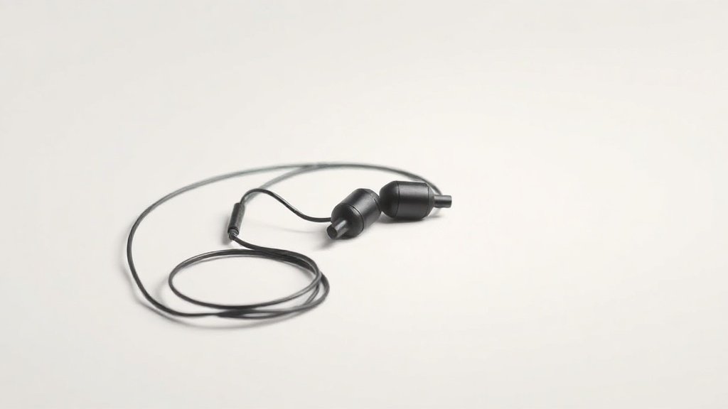 A single pair of in-ear monitors rests on a smooth off-white studio surface, their sleek earpieces angled slightly to reveal sculpted contours and detachable cables coiled neatly beside them. Soft directional side lighting casts gentle shadows that define the form and texture of the housings. The composition is minimal and precise, emphasizing refined industrial design against a clean, uncluttered background.