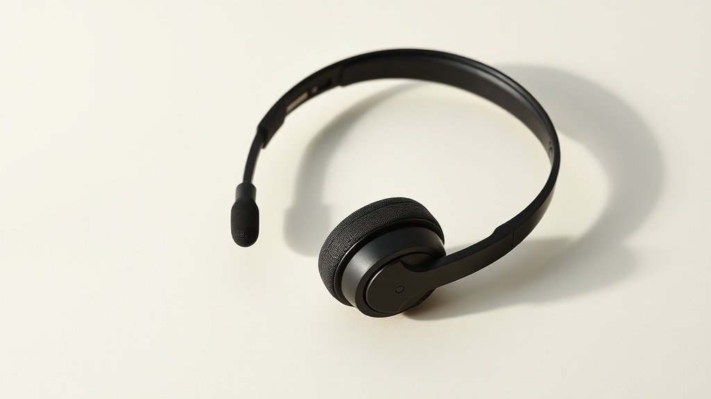 A single sleek headset microphone rests on a clean off-white studio surface, its slender boom arm curving gracefully toward a small capsule head. Soft side lighting casts gentle shadows that define the matte black finish and metallic accents. The minimalist composition emphasizes the lightweight headband and adjustable fit, conveying professional audio quality in a calm, uncluttered environment.