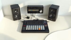 A professional studio desk with an electronic drum pad controller, an audio interface, and studio monitor speakers arranged on a clean off-white surface. Soft side lighting from the left creates gentle shadows. Photorealistic modern minimal product photography. No people, no hands, no text, no watermarks. 16 by 9 horizontal composition.