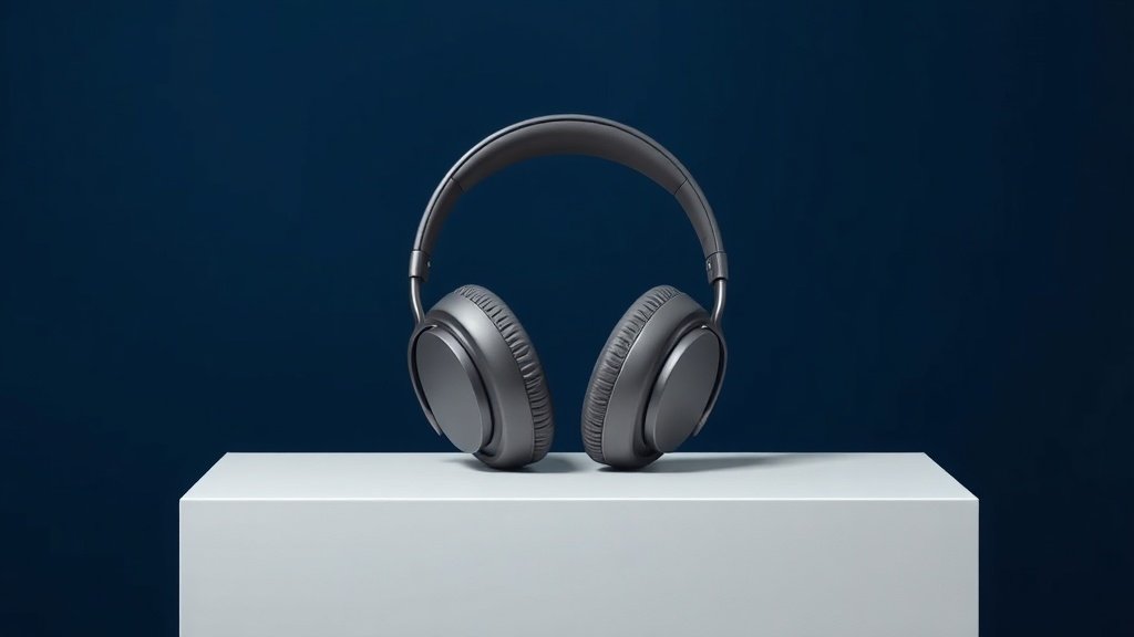 A single pair of sleek over-ear wireless headphones resting upright on a minimal white acrylic surface against a deep navy background. Soft diffused side lighting catches the smooth matte curves of the ear cups and polished headband, casting a gentle shadow beneath. The composition is clean and centered, emphasizing premium build quality and elegant modern design.