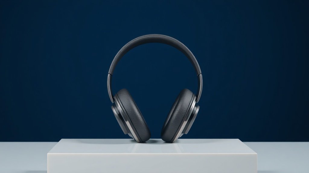 A single pair of sleek over-ear headphones resting upright on a minimal white acrylic surface against a deep navy background. Soft diffused side lighting catches the smooth matte ear cups and polished headband arc, casting a gentle shadow to one side. The composition is clean and centered with subtle depth, giving the scene a refined editorial studio quality.
