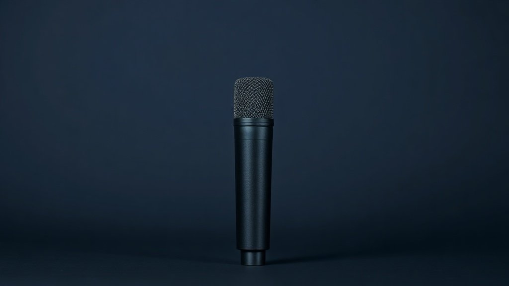 A single dynamic microphone stands upright on a minimal studio surface against a deep navy background. Soft side lighting catches the sleek cylindrical body, highlighting brushed metal mesh grille details and a matte black body with subtle sheen. The composition is clean and centered, with gentle shadow fall creating depth and dimension in a refined, editorial product photography style.