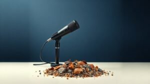 A large diaphragm condenser microphone on a desktop boom arm positioned above a small pile of everyday objects including dried leaves and gravel on a clean off-white surface, soft side lighting from the left, photorealistic product photography, deep navy background gradient, 16:9 horizontal format, no people, no text