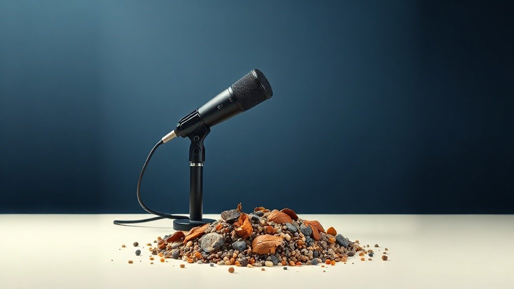 A large diaphragm condenser microphone on a desktop boom arm positioned above a small pile of everyday objects including dried leaves and gravel on a clean off-white surface, soft side lighting from the left, photorealistic product photography, deep navy background gradient, 16:9 horizontal format, no people, no text