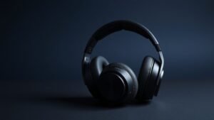A single pair of professional over-ear DJ headphones resting on a minimalist surface against a deep navy background. The headphones feature a robust swiveling ear cup design with thick cushioned pads and an adjustable headband. Soft directional side lighting highlights the matte and gloss contrasts of the sleek black construction, casting a subtle natural shadow beneath the headphones. Clean, sharp, and studio polished.