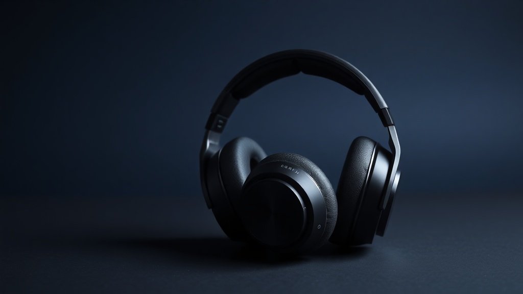 A single pair of professional over-ear DJ headphones resting on a minimalist surface against a deep navy background. The headphones feature a robust swiveling ear cup design with thick cushioned pads and an adjustable headband. Soft directional side lighting highlights the matte and gloss contrasts of the sleek black construction, casting a subtle natural shadow beneath the headphones. Clean, sharp, and studio polished.