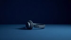 A single pair of sleek over-ear headphones resting on a smooth matte surface against a deep navy studio background. Soft diffused side lighting catches the gentle curves of the ear cups and highlights the padded headband. The composition is clean and minimal, with subtle shadows grounding the product. Modern and polished, shot in crisp photorealistic detail with a calm, editorial feel.