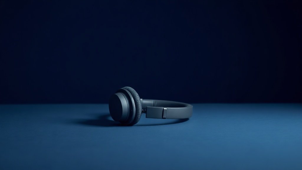 A single pair of sleek over-ear headphones resting on a smooth matte surface against a deep navy studio background. Soft diffused side lighting catches the gentle curves of the ear cups and highlights the padded headband. The composition is clean and minimal, with subtle shadows grounding the product. Modern and polished, shot in crisp photorealistic detail with a calm, editorial feel.