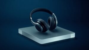 A single pair of sleek over-ear headphones rests on a smooth frosted acrylic surface against a deep navy background. Soft diffused side lighting catches the gentle curves of the cushioned ear cups and the polished metal headband, casting a subtle shadow beneath. The minimal composition emphasizes clean lines and premium materials, evoking a sense of refined audio craftsmanship.