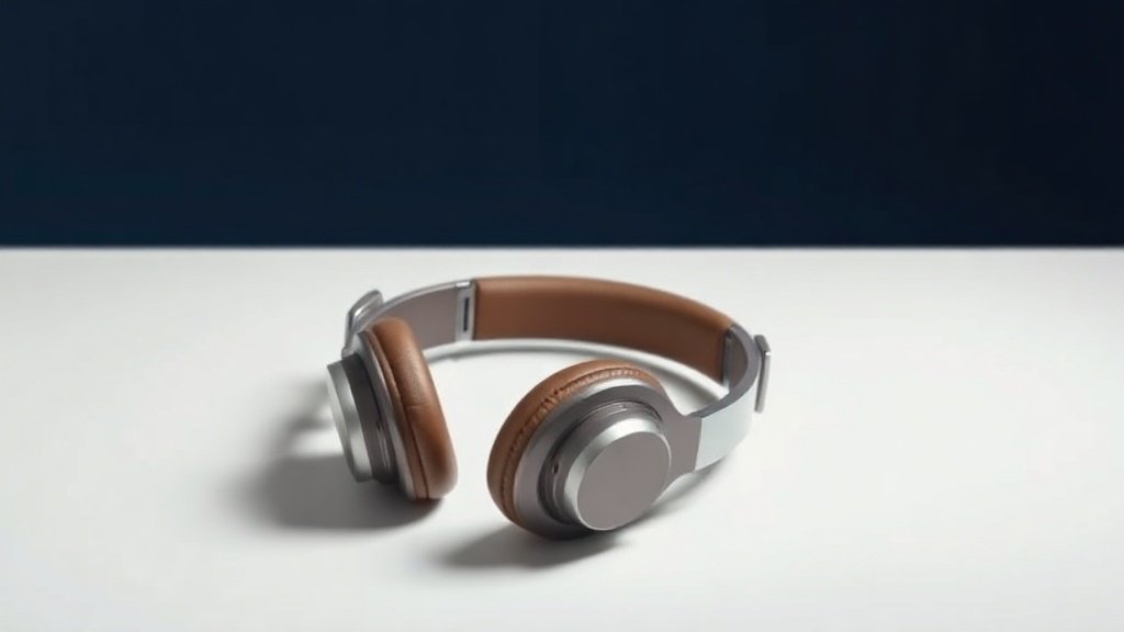 Photorealistic studio product photography of a single pair of over-ear headphones resting on a clean minimal surface against a deep navy background. Soft directional side lighting highlights the sleek curves of the cushioned ear cups and polished headband. The composition is centered and uncluttered with subtle shadow detail grounding the product. 16 by 9 horizontal format. No people, no text, no logos.