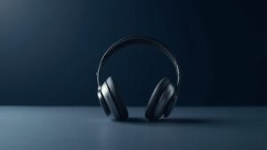 A single pair of sleek over-ear headphones resting on a minimal flat surface, shot in a clean studio environment against a deep navy background. Soft directional side lighting catches the smooth curves of the ear cups and the padded headband, casting a gentle shadow beneath. The composition is centered and balanced, emphasizing premium materials and modern design.